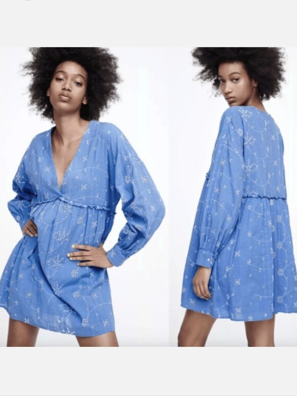 Zara Blue Embroidered V-Neck Mini Dress